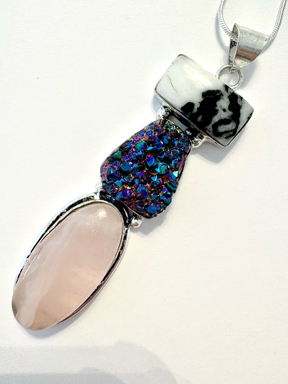 3 inch, Long Rose Quart, Titanium Druzy and White Buffalo Turquoise  pendant .